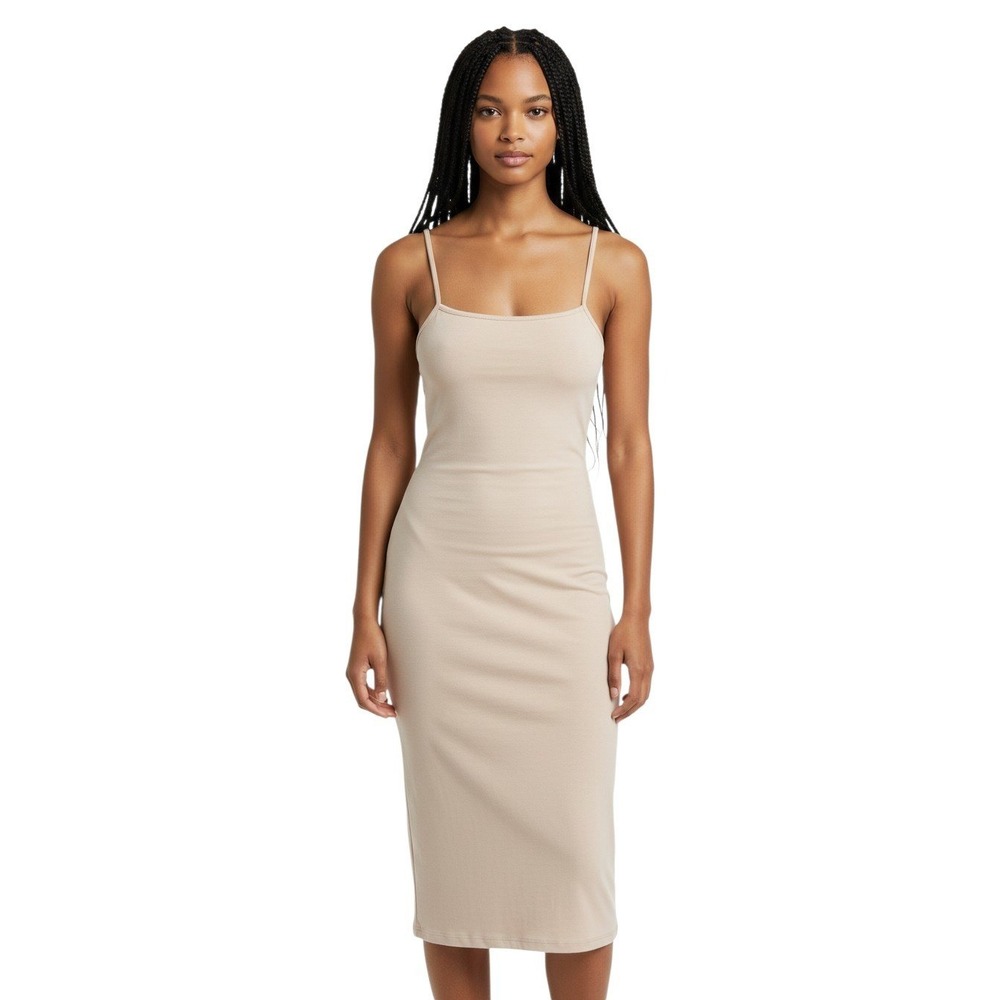 Topshop Beige Cotton Bodycon Midi Dress Spaghetti Strap Nude Size US 6